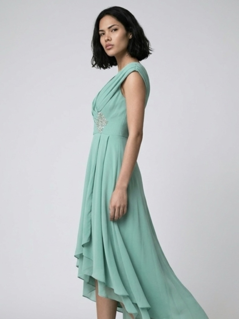 NWT Mint Green Chiffon Hi-Low Dress | Beaded Waist Formal Mother of the Bride - Picture 2 of 12